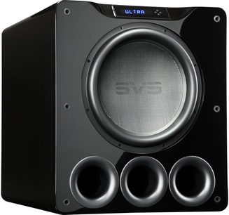 Front view of the SVS PB16-Ultra subwoofer in black gloss finish. Features a circular central speaker and three round lower ports.