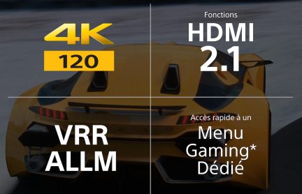 Bagside af gul bil, tekst 4K 120, HDMI 2.1, VRR, ALLM, dedikeret gaming-menu, sløret baggrund, hvide linjer der deler billedet