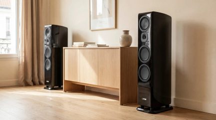 Pair of black Canton floorstanding speakers in a living room, placed on either side of a light wood cabinet