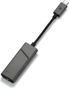 Convertitore audio portatile Astell&Kern AK HC2, alloggiamento in metallo grigio opaco, connettori USB-C e jack da 3,5 mm, cinturino da polso nero