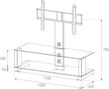Teknisk diagram med dimensioner af Sonorous MD4120 audio-/videomøbel i glas og metal, set forfra og fra siden