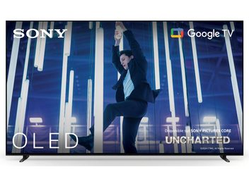 Televisore ad alta definizione Sony BRAVIA 8 65XR80 nero, telaio in metallo con cornice ultra-sottile, pannello OLED piatto e piedini laterali sottili, presentato in vista frontale