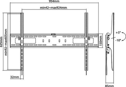 Veggmontert TV-stativ Norstone Mount FIX 60100 TILT svart, teknisk skjema med dimensjoner i front- og profil-visning