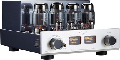 Cayin Jazz 80 KT88 Stereo-Röhren-Vollverstärker in nachtblauem Metall mit gebürsteter Aluminiumfront, Dreiviertel-Frontansicht, ausgestattet mit vier großen KT88-Röhren und vier kleinen Glasröhren auf der Oberseite, zwei orange hinterleuchteten VU-Metern, zwei großen silbernen Drehknöpfen und einem Kopfhöreranschluss an der Front, stehend auf vier zylindrischen Füßen