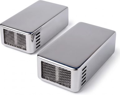 Coppia di super tweeter Townshend Maximum Supertweeters argentati, con griglie frontali e fessure laterali