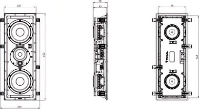 Tři schematické pohledy s rozměry na vestavný reproduktor Focal 300 IWLCR6 s reproduktory: přední pohled, boční profil a zadní strana