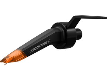 Bunka pro gramofonové desky Ortofon Concorde Music Bronze, černé tělo, průhledný oranžový hrot, pohled z boku