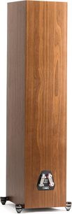 Cassa a colonna Motion XT F200 noce con finitura in legno, vista di tre quarti, connettori visibili alla base posteriore, piedini metallici