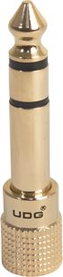 Adaptor jack placat cu aur UDG U 94002, cilindru metalic auriu, benzi negre, logo gravat, prim-plan