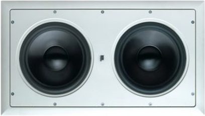 JBL HTi-88 white in-wall dual speaker, front view, two circular black speakers in rectangular frame