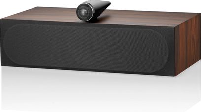 Centrální reproduktor Bowers & Wilkins HTM71 S3 v barvě moka, tmavý dřevěný kryt, černý reproduktor, stříbrný výškový reproduktor na vrchní části