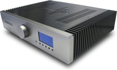 Hi-fi stereo zesilovač Perreaux Eloquence 150i černý, pohled zepředu, stříbrný čelní panel s modrým displejem, tlačítky a konektory
