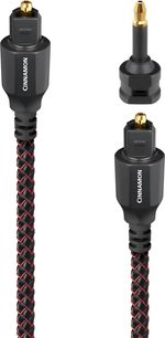 Optisk kabel Audioquest Cinnamon med flettet nylon i svart og rød, Toslink-kontakter med forgylte ender og mini-optisk adapter, forsidevisning