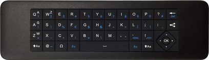 Sort tastatur med hvide taster og grå symboler, set ovenfra, på ensfarvet sort baggrund