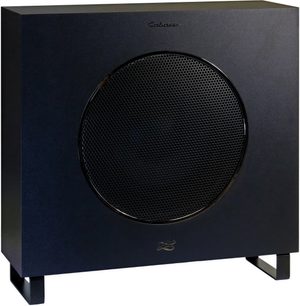 Cabasse Lipari 21 zwarte subwoofer, vooraanzicht, ronde zwarte grille, glanzend zwarte omlijsting, zilverkleurig logo rechtsonder
