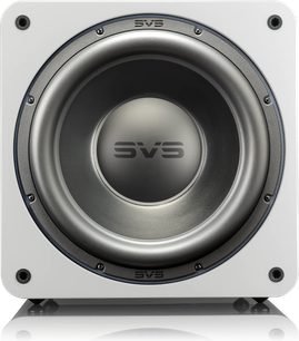SVS SB-3000 vit lackerad basreflexlåda, frontvy, svart rund högtalare i mitten, SVS-logotyp, 4 fästskruvar
