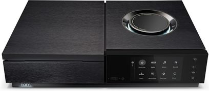 Naim Uniti Star svart hi-fi-system, forfra, med platespiller på toppen, skjerm og kontrollknapper foran