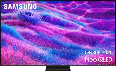 Samsung QN80F 2025 TV i mat sort, slankt metalramme, fladt Neo QLED-panel set forfra på sort, rektangulært centralt stativ