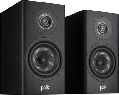 Dva černé regálové reproduktory Polk R100, zepředu vedle sebe, s viditelnými reproduktory