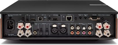 Cambridge Audio EVO 150 sort hi-fi stereoforsterker, frontvisning, tilkoblinger og kontroller på forsiden, 2 par høyttalere