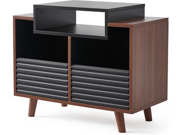 Møbel og opbevaring til pladespiller Norstone Design OSLO 800, rektangulær struktur, træfinish, skrå ben, 2 nederste rum med sorte rillet fronter, hævet sort topplade