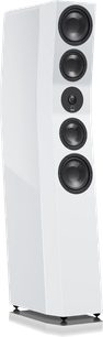 Enceinte colonne SVS Ultra Evolution Tower blanc laqué, vue de face, 4 haut-parleurs noirs, tweeter noir, base noire