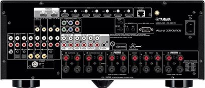 Yamaha RX-A2070 titano namų kino stiprintuvas, priekinis vaizdas, gausybė audio / vaizdo lizdų, reguliavimo mygtukų ir rankenėlių