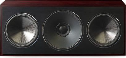Paradigm Founder 70LCR center speaker in dark cherry, front view, 3 circular black speakers on rectangular dark wood front baffle
