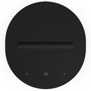 Boxă inteligentă Sonos Era 100 SL neagră, vedere de sus cu suprafață ovală și comenzi tactile pentru volum și redare