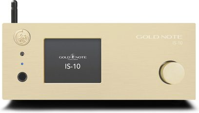 Amplificador hi-fi integrado estéreo Gold Note IS-10 dourado, vista frontal, caixa retangular, botão circular à direita, ecrã central