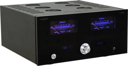 Stereo hi-fi forstærker Advance Paris X-i1100 sort, frontpanel med 2 blå vu-metre, sølvfarvet knap og hovedtelefonstik