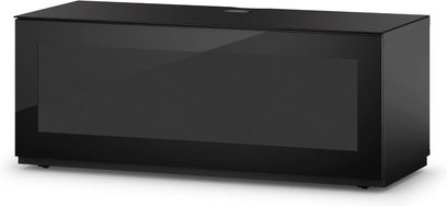 Rektangulær sort blanklakeret TV-møbel Sonorous Studio STA110I-BLK-BLK, set forfra i let nedadgående vinkel