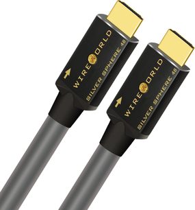 HDMI-kabel Wireworld Silver Sphere 48 0,6m, sorte rektangulære stik med gyldne inskriptioner, guldbelagte ender, grå cylindrisk kabel