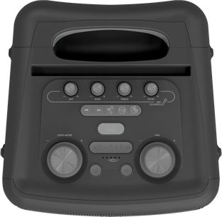 Přenosný Bluetooth reproduktor Klipsch Vegas, pohled shora, černý povrch, 2 otočné knoflíky, 4 kolečka, centrální ovládání, integrovaná rukojeť
