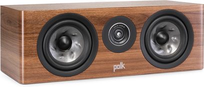 Diffusore centrale Polk Audio R300 in noce, vista frontale, 2 altoparlanti circolari neri su cabinet rettangolare in legno