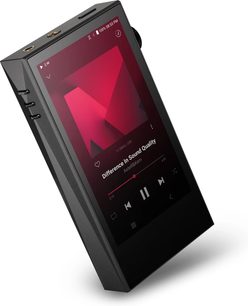 Audiophile grotuvas Astell&Kern SP3000M, matomas iš kampo, įjungtas jutiklinis ekranas, šoniniai mygtukai, du viršutiniai garso lizdai