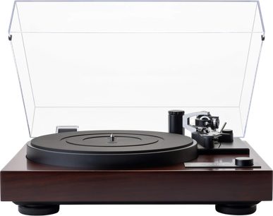 Giradischi Dual CS 718Q WN finitura noce, vista frontale con coperchio trasparente aperto e piatto nero
