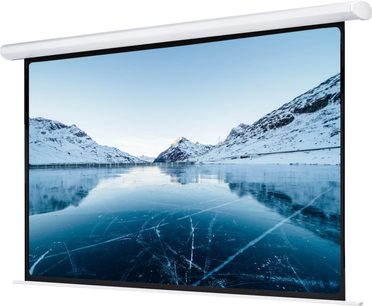 Pantalla motorizada Oray HCM4S 16/9 con cable de 192 cm que muestra un paisaje nevado de montañas y un lago congelado, visto de frente