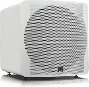 SVS SB-3000 lackerad vit subwoofer, frontvy, perforerat svart galler med logotyp, kubisk form med rundade hörn