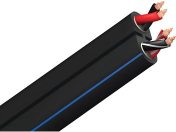 Cabo Audioquest Rocket 22 preto, vista em perspectiva, 4 condutores vermelhos e pretos, bainha preta, seção retangular