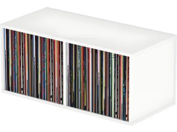 Biely vinylový nábytok Glorious Record Box 230, otvorený obdĺžnikový úložný box s farebnými obalmi na platne