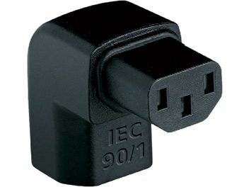 Black Audioquest 90˚ IEC connector, angled at 90 degrees, with two rectangular female sockets and "IEC 90/1" embossed