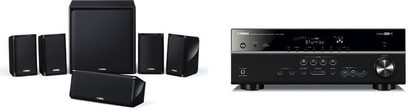 Yamaha YHT-499 hjemmebiografsystem bestående af en forstærker, 5 sorte højttalere og en basrefleksboks, set forfra