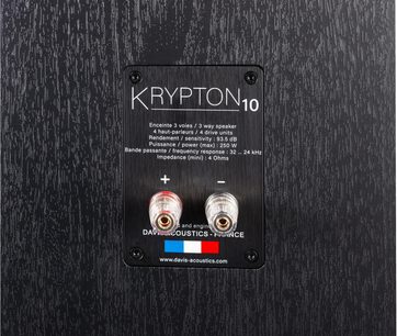 Krypton 10 Technik floor-standing speaker, rear view, black rectangular metal plate with engraved technical text, 2 gold-plated audio terminals