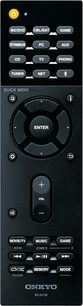 Schwarze Onkyo RC-911R Fernbedienung mit Multifunktionstastern, zentralem Navigationsdrehrad und LCD-Bildschirm oben