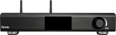 Amplificatore hi-fi stereo Omnia A-200 nero, vista frontale, 2 antenne Wi-Fi, schermo LCD, manopola rotante, connettività posteriore