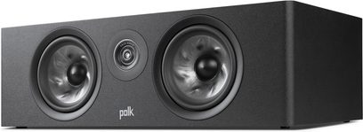 Centrální reproduktor Polk Audio R400 černý, pohled zepředu, 2 kruhové reproduktory, 1 centrální výškový reproduktor, obdélníková skříň