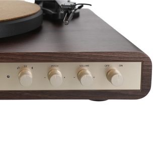 Giradischi hi-fi Enova HIFI VELA VP2, vista angolata, base con finitura in legno, pannello frontale dorato, 4 pulsanti circolari, braccio visibile