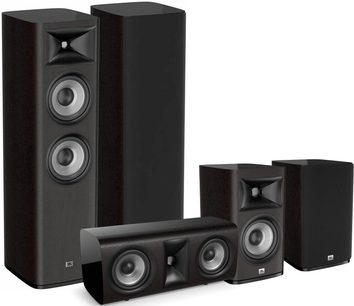 Sada sloupových reproduktorů JBL Studio 690 dark walnut, 2 velké a 3 malé, černé, pohled zepředu, vertikálně
