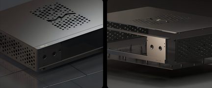 Must perforeritud metallist hi-fi korpus M3-1c minimalistliku esipaneeli ja šassii plahvatusvaatega